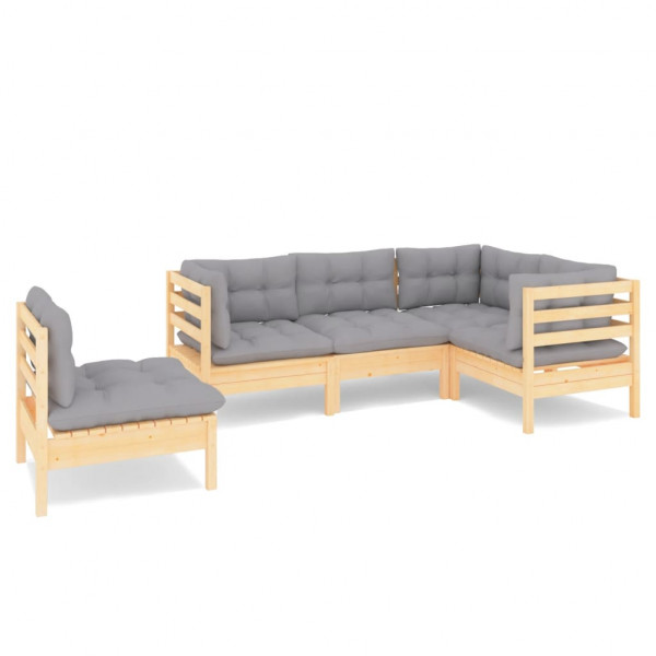 5 pcs conjunto lounge de jardim c/ almofadões cinza pinho M 2