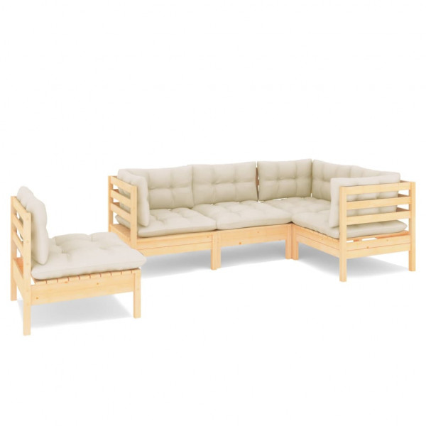 5 pcs conjunto lounge de jardim c/ almofadões cor creme pinho M 2