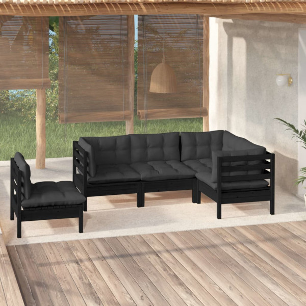 Muebles de jardín 5 pzas con cojines negro madera de pino D