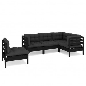 Muebles de jardín 5 pzas con cojines negro madera de pino H