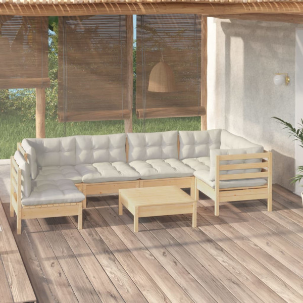 Muebles de jardín 7 piezas cojines madera de pino color crema D
