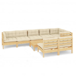 9 pcs conjunto lounge jardim c/ almofadões creme pinho maciço H