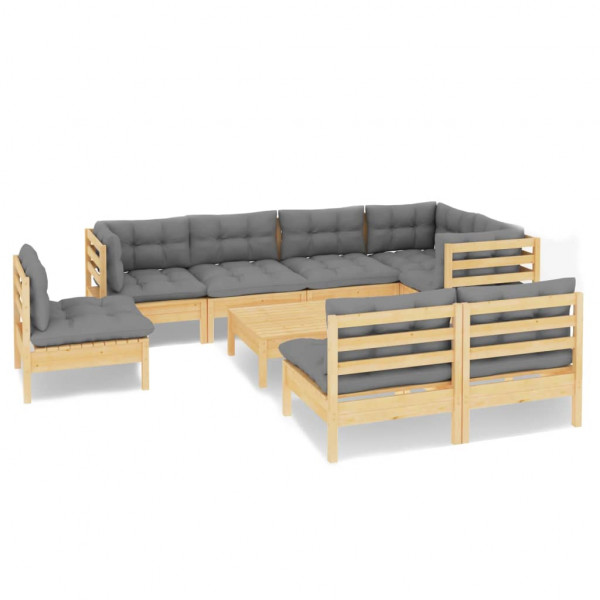 9 pcs conjunto lounge de jardim + almofadões cinza pinho maciço M 2