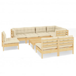 9 pcs conjunto lounge jardim c/ almofadões creme pinho maciço H