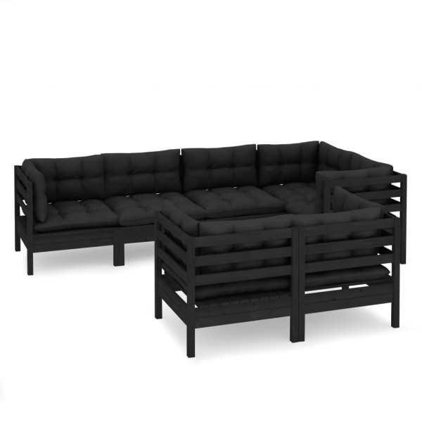 7 pcs conjunto lounge jardim c/ almofadões pinho maciço preto M 2