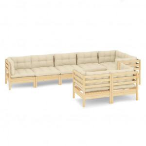 8 pcs conjunto lounge jardim c/ almofadões creme pinho maciço H