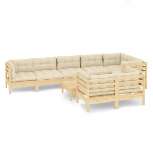 9 pcs conjunto lounge jardim c/ almofadões creme pinho maciço H