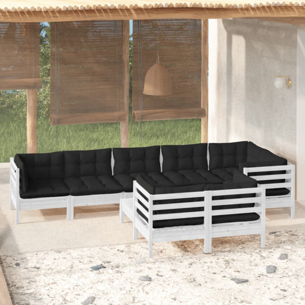 9 pcs conj. lounge de jardim c/ almofadões pinho maciço branco D