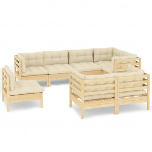 8 pcs conjunto lounge jardim c/ almofadões creme pinho maciço H