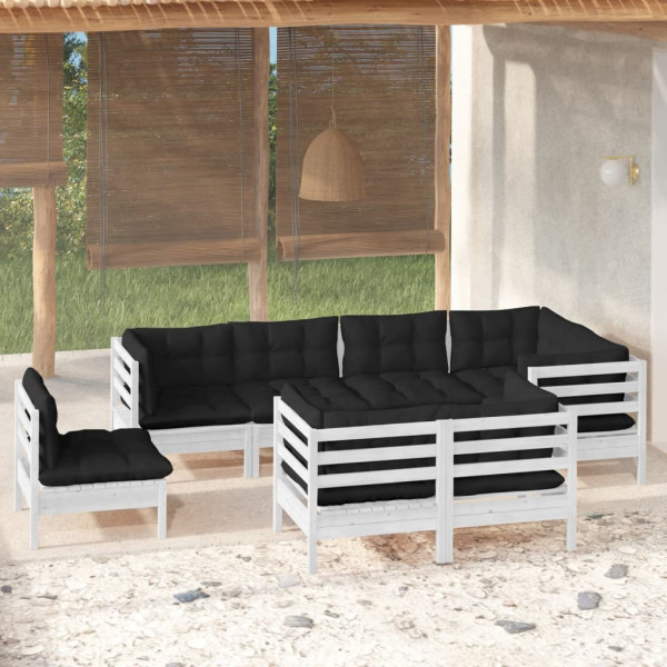 8 pcs conjunto lounge jardim c/ almofadões pinho maciço branco D