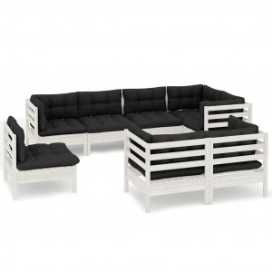 Muebles de jardín 8 pzas y cojines blanco madera maciza de pino H