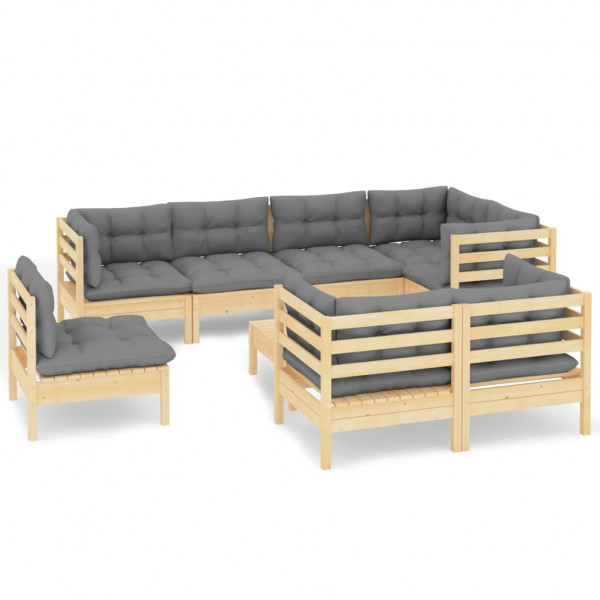9 pcs conjunto lounge de jardim + almofadões cinza pinho maciço M 2