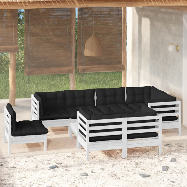 9 pcs conj. lounge de jardim c/ almofadões pinho maciço branco D