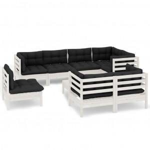 Muebles de jardín 9 pzas con cojines blanco madera maciza pino H