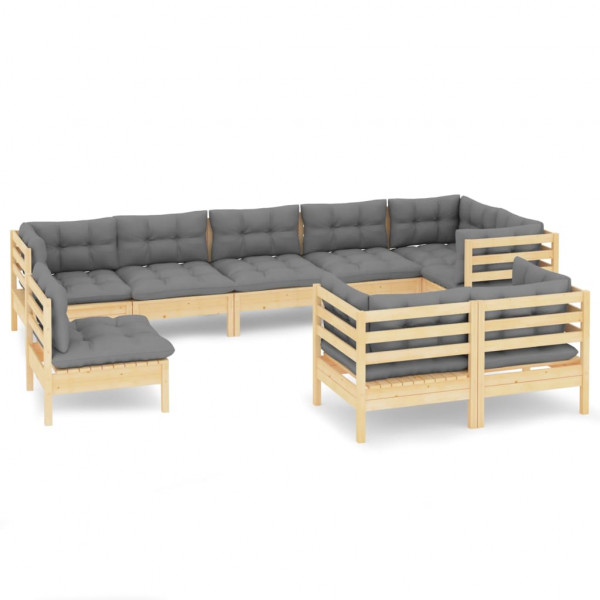9 pcs conjunto lounge de jardim + almofadões cinza pinho maciço M 2