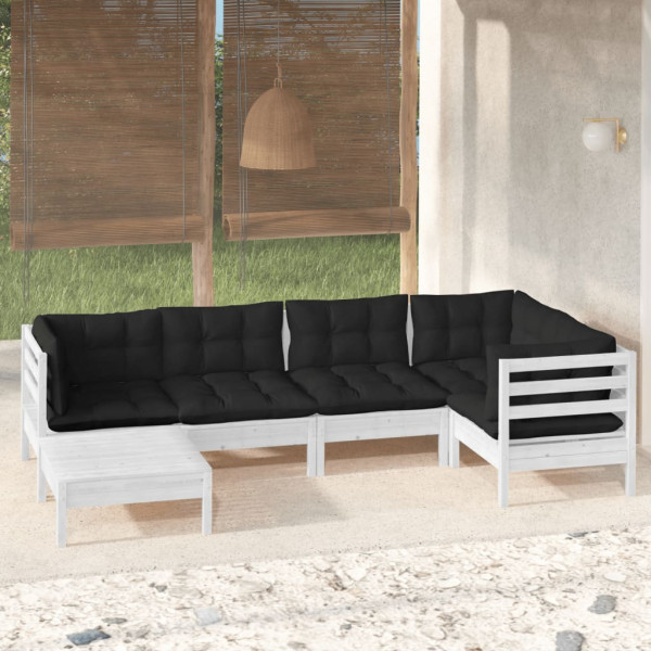 6 pcs conj. lounge de jardim c/ almofadões pinho maciço branco D