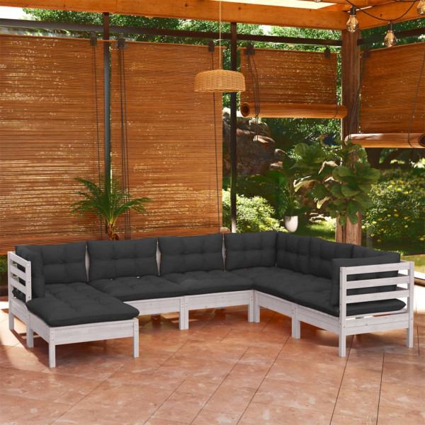 Muebles de jardín 8 pzas con cojines blanco madera de pino D
