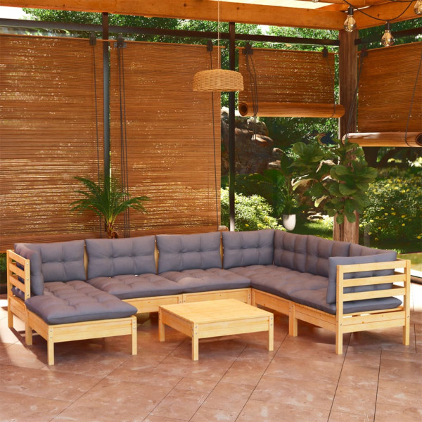 Juego de muebles de jardín 8 pzas y cojines madera maciza pino D