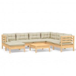 8 pcs conjunto lounge jardim c/ almofadões creme pinho maciço H