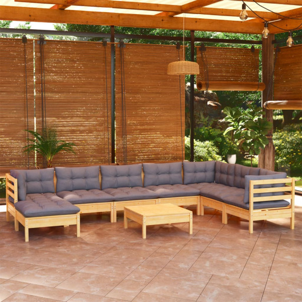 Juego de muebles de jardín 9 pzas y cojines madera maciza pino D