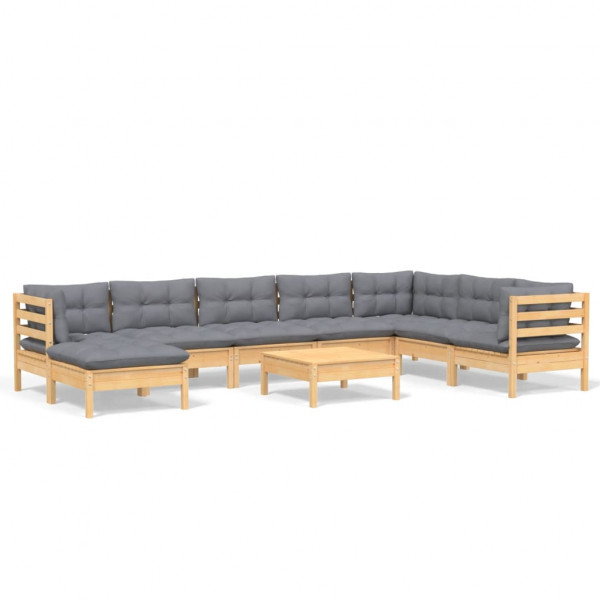 9 pcs conjunto lounge de jardim + almofadões cinza pinho maciço M 2