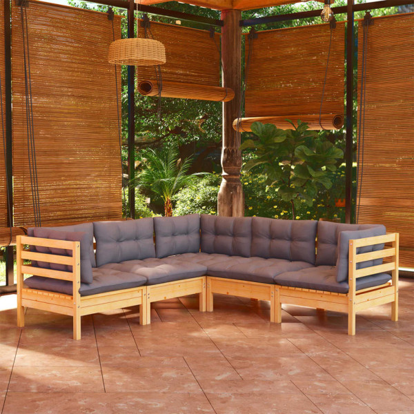 5 pcs conjunto lounge de jardim + almofadões cinza pinho maciço D