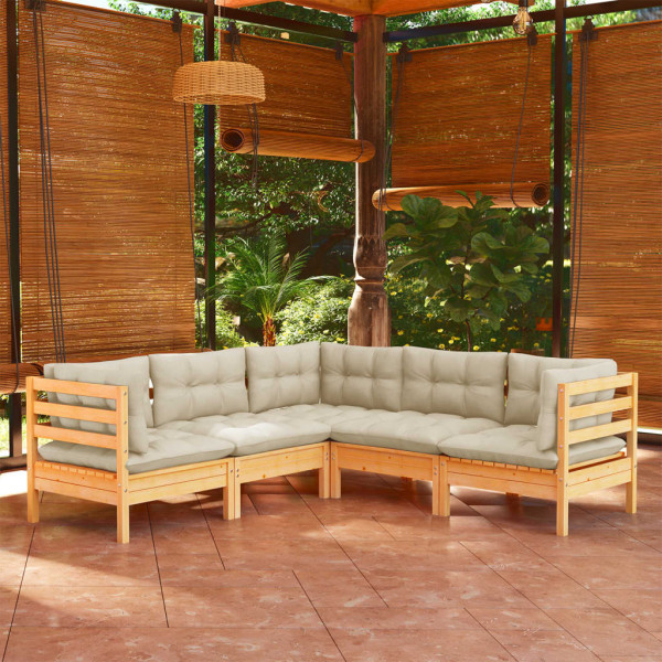 5 pcs conjunto lounge jardim c/ almofadões creme pinho maciço D