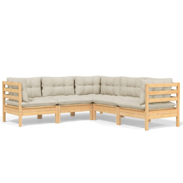 5 pcs conjunto lounge jardim c/ almofadões creme pinho maciço M 2