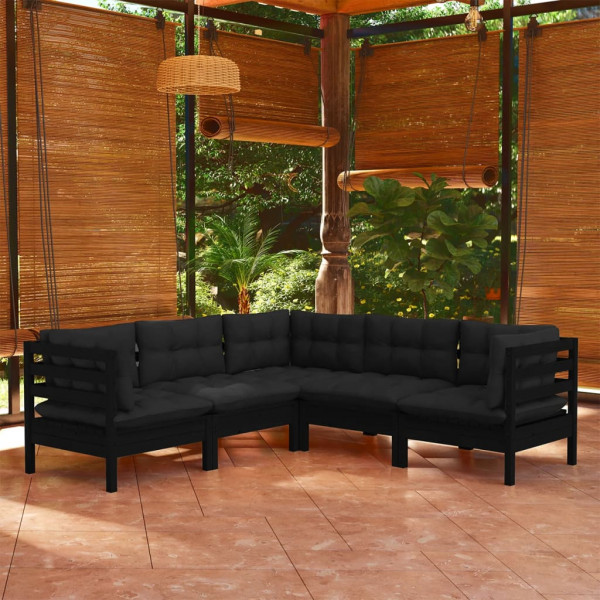 5 pcs conjunto lounge jardim c/ almofadões pinho maciço preto D