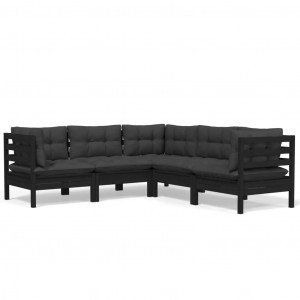 5 pcs conjunto lounge jardim c/ almofadões pinho maciço preto H