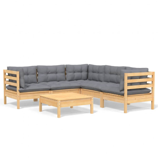 Juego de muebles de jardín 6 pzas y cojines madera maciza pino M 2