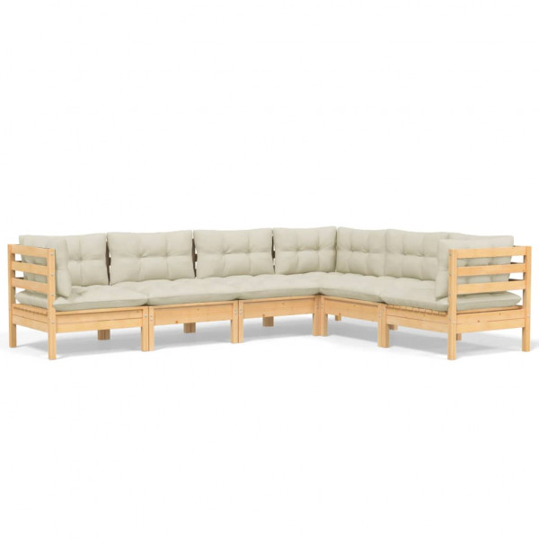 6 pcs conjunto lounge jardim c/ almofadões creme pinho maciço M 2