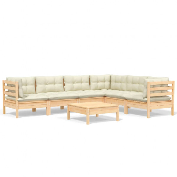 7 pcs conjunto lounge jardim c/ almofadões creme pinho maciço M 2