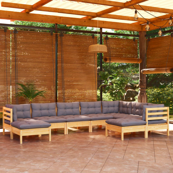 9 pcs conjunto lounge de jardim + almofadões cinza pinho maciço D