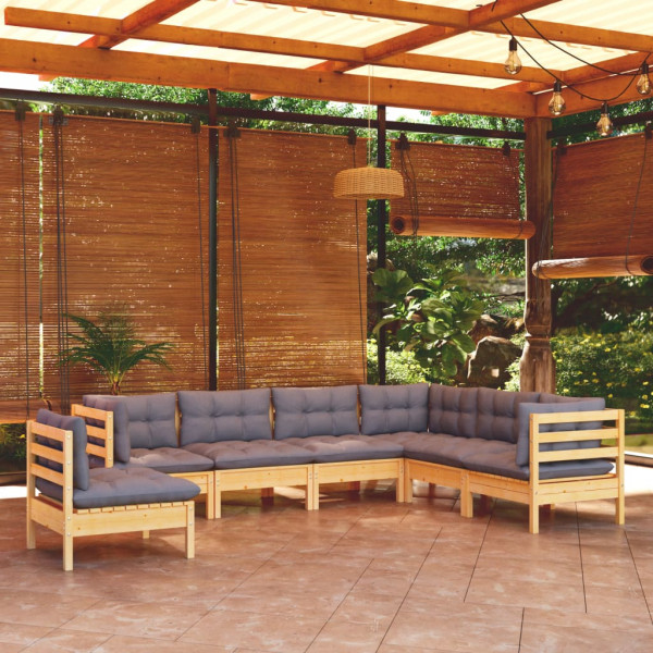 7 pcs conjunto lounge de jardim + almofadões cinza pinho maciço D
