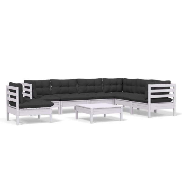 8 pcs conj. lounge de jardim c/ almofadões pinho maciço branco M 2