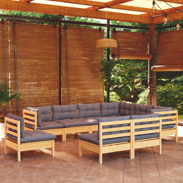Juego de muebles de jardín 9 pzas y cojines madera maciza pino D