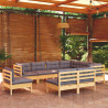 9 pcs conjunto lounge de jardim + almofadões cinza pinho maciço 1