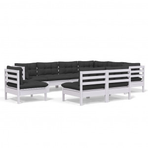 9 pcs conj. lounge de jardim c/ almofadões pinho maciço branco H