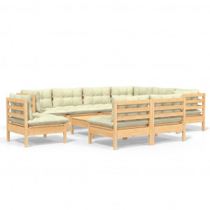 10 pcs conjunto lounge jardim c/ almofadões creme pinho maciço H