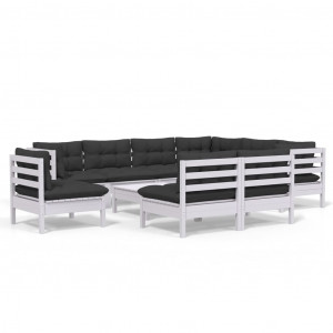 Muebles de jardín 10 pzas con cojines blanco madera maciza pino H