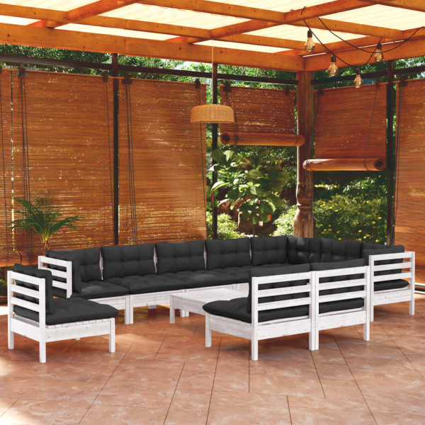 Muebles de jardín 11 pzas con cojines blanco madera de pino D
