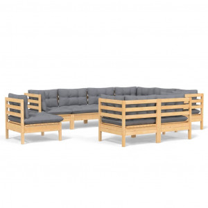 9 pcs conjunto lounge de jardim + almofadões cinza pinho maciço H