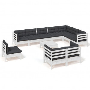 Muebles de jardín 11 pzas y cojines blanco madera maciza pino H