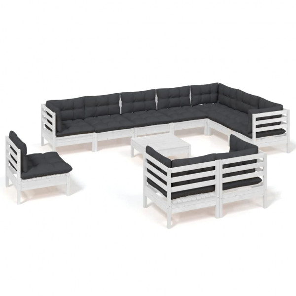 11 pcs conj. lounge de jardim c/ almofadões pinho maciço branco M 2