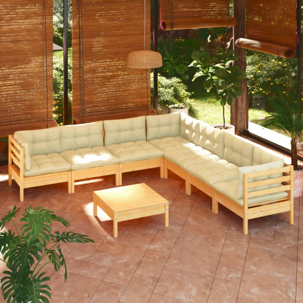 8 pcs conjunto lounge jardim c/ almofadões creme pinho maciço D