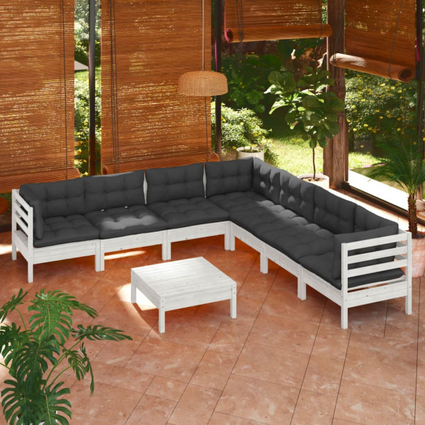 Muebles de jardín 8 pzas con cojines blanco madera maciza pino D