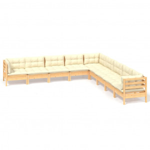 9 pcs conjunto lounge jardim c/ almofadões creme pinho maciço H