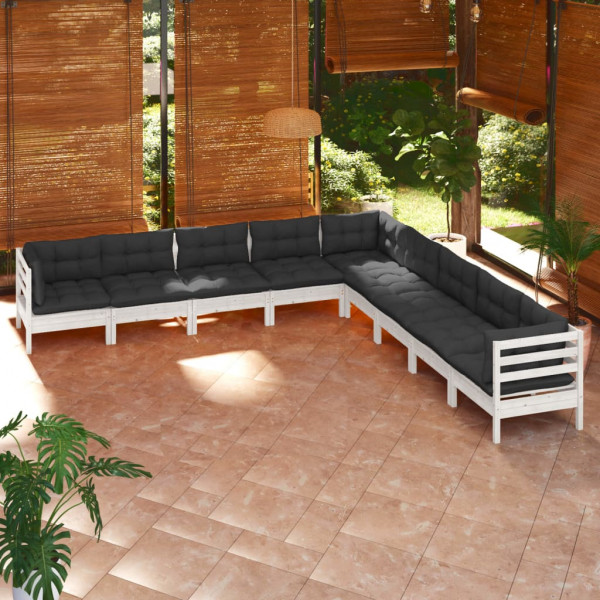 9 pcs conj. lounge de jardim c/ almofadões pinho maciço branco D