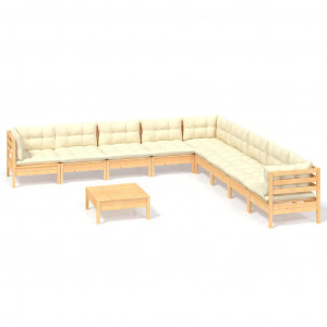 10 pcs conjunto lounge jardim c/ almofadões creme pinho maciço H